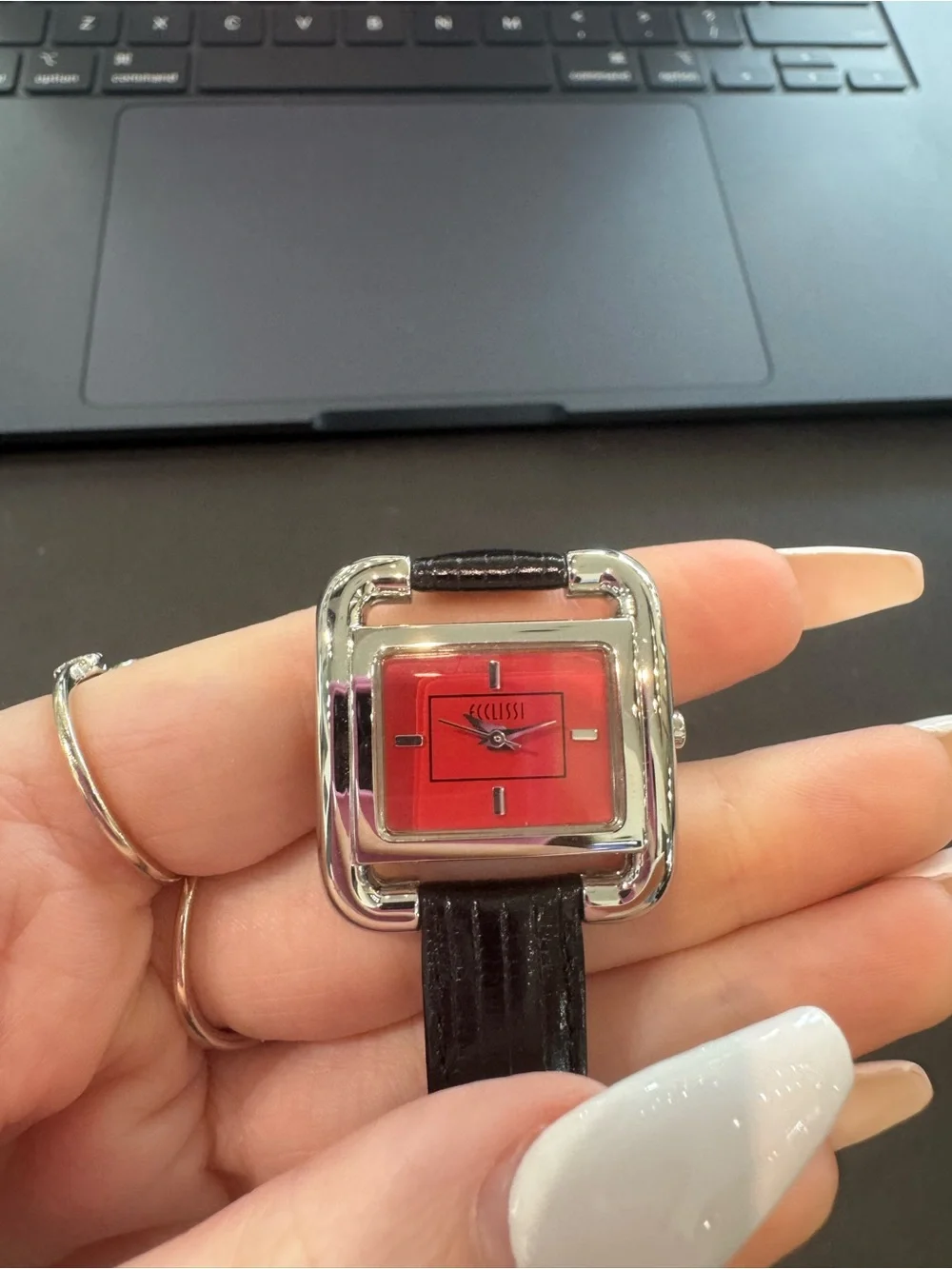 Vintage Ecclissi Silver Square Watch with Red Dial & Black Leather Band